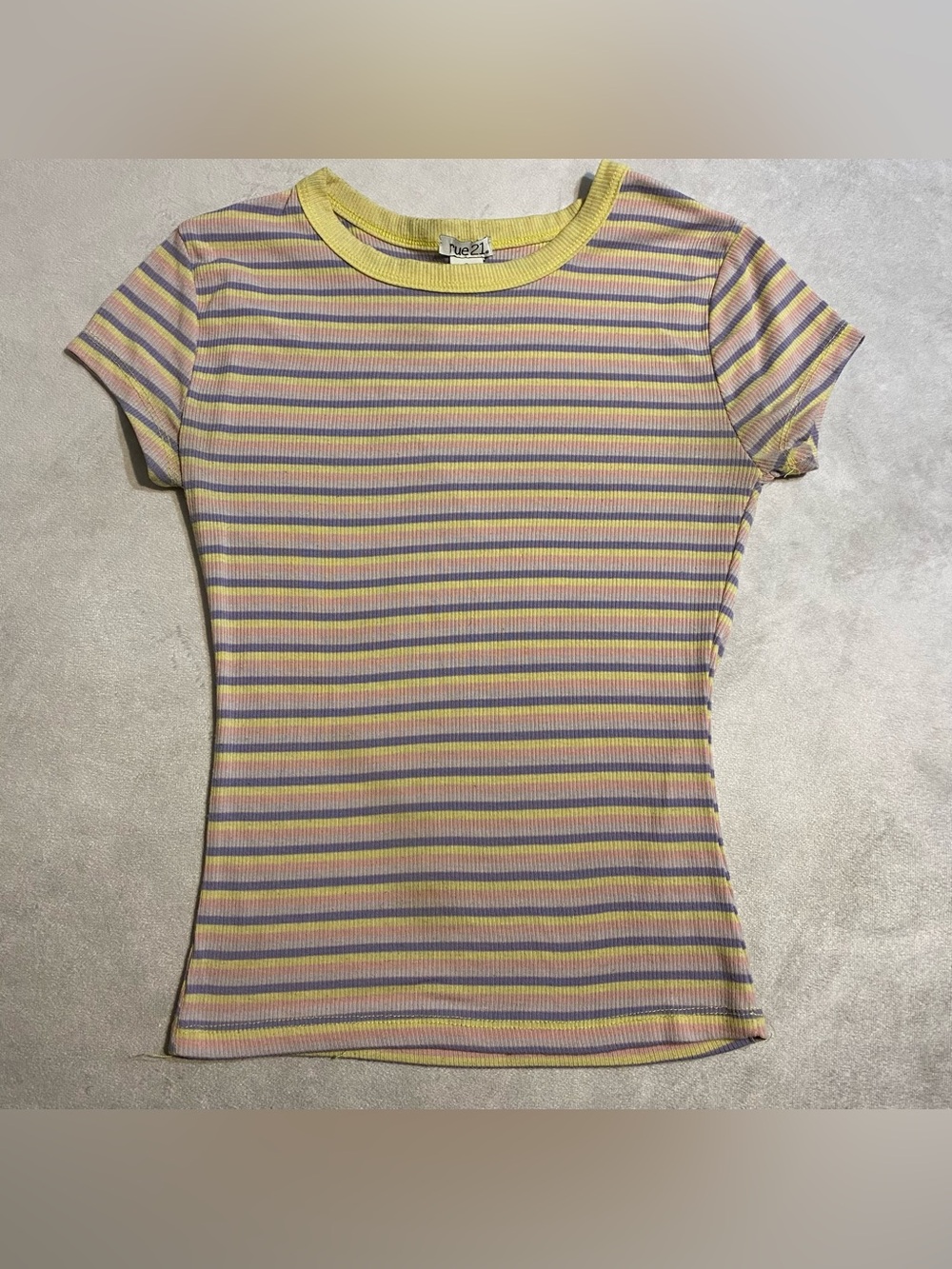 Rue 21 Multi-color Striped Ribbed Knit Short Sleeve Baby Tee Shirt Slim Sz Small